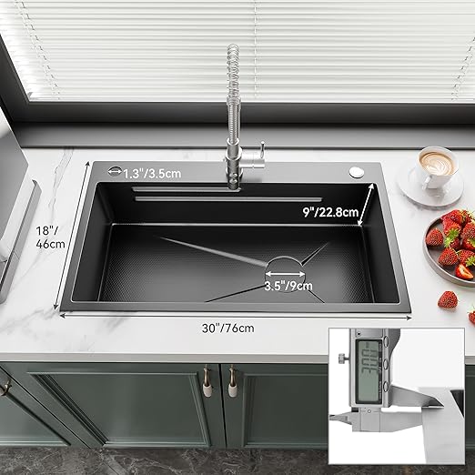 YITAHOME Drop In Kitchen Sink Workstation 30 Inch, Top mount Stainless Steel Nano Gunmetal Black Sink w/Cutting Board& Strainer, Handmade Single Bowl Sink with Accessories 30 x 18 x 10in