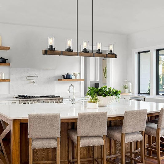 LALUZ 5-Light Kitchen Island Lighting, Farmhouse Wood Linear Dining Room Chandelier Over Table with Seeded Glass Shade, 42.9'' Large Rustic Wooden Chandeliers Light Fixtures for Dining Room