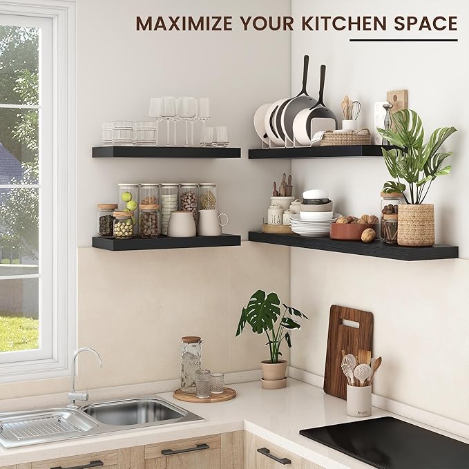 Venusmiles Floating Shelves for Wall, Engineered Wood Wall Shelves with Invisible Brackets for Living Room Bedroom Bathroom Office Kitchen Decor and Storage (Black, 24" W x 9" D x 1.5" H) Set of 2
