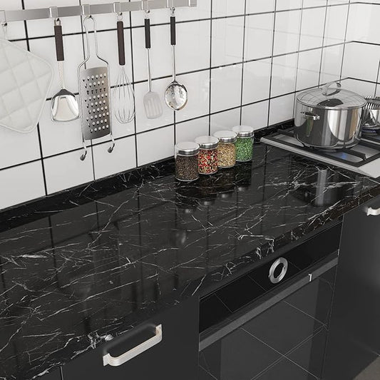 CRE8TIVE Black Marble Contact Paper 24"x118" Wide Black Marble Wallpaper Peel and Stick Waterproof Faux Marble Self Adhesive Removable Contact Paper for Bedroom Kitchen Countertops Cabinets Walls