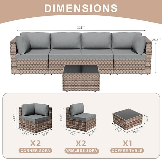 JAMFLY Patio Furniture Sets, 5-Piece Outdoor Patio Furniture with Thick Cushions, Wicker Outdoor Conversation Set Sectional Sofa for Backyard, Poolside, Garden(Grey Cushion)