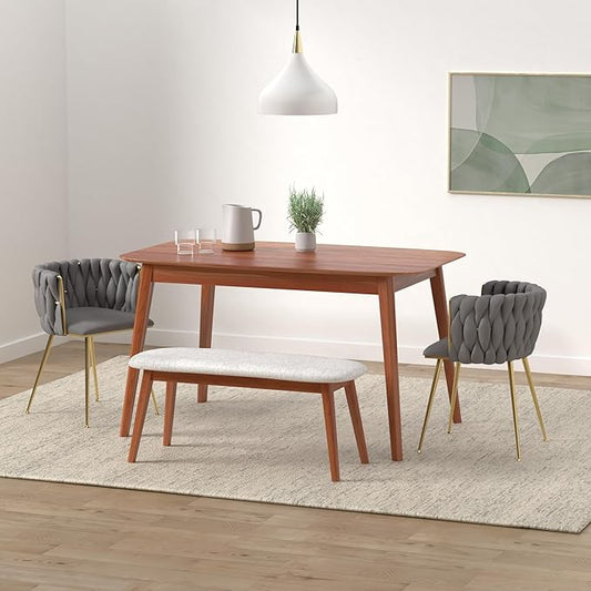 Nrizc Velvet Dining Chairs Set of 4, Woven Upholstered Dining Chairs with Gold Metal Legs, Modern Accent Chairs for Living Room, Dining Room, Kitchen (Grey)