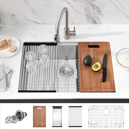 PEPO 33 Inch Kitchen Sink Undermount - 33 x 19 Undermount Kitchen Sink Workstation Deep Single Bowl 16 Gauge Stainless Steel Sinks Basin