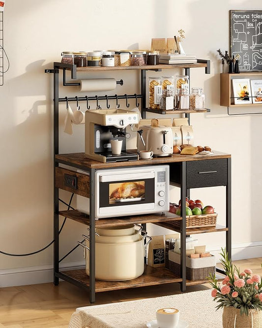 VEVOR Kitchen Bakers Rack with Power Outlets, 31.5 x 15.7 x 55.1 Inch Microwave Stand with Built-in Power Strip & 4.6 Ft Cord, 8 S-Shaped Hooks, for Dish Storage, Spice Jars, Coffee Bar Organization