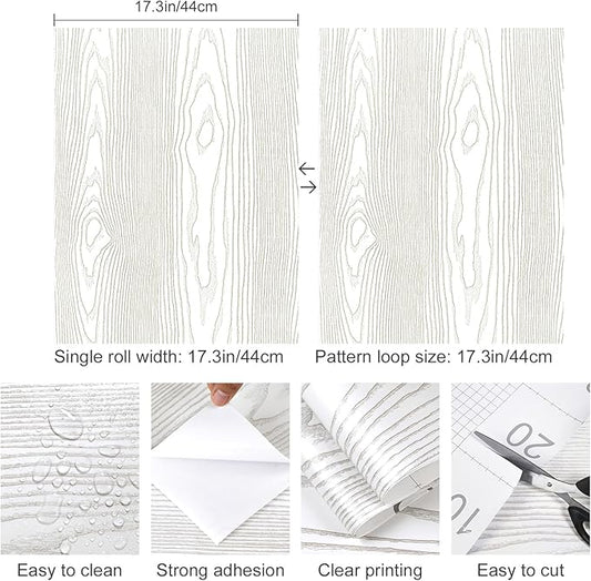 Yun-aeon Light White and Silver Wood Contact Paper 17.3"x200" Rustic Wooden Peel and Stick Wallpaper Removable Self-Adhesive Wallpaper Wood Grain Contact Paper for Countertops Cabinets