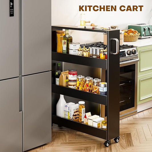Slim Storage Cart, Lightweight 4 Tier Metal Rolling Utility Kitchen Cart on Wheels, Mobile Storage Shelving Unit Organizer for Bathroom Laundry Office Narrow Places (4 Tier-Black, 6" D)