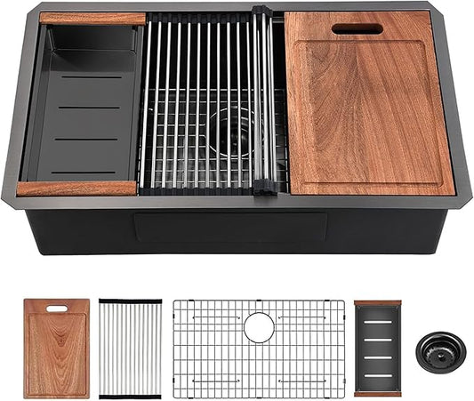 30 inch Gunmetal Black Stainless Steel Undermount Kitchen Sink - CELAENO 30x19 Handmade 16 Gauge Single Bowl Workstation Sink, 10 Inch Deep Modern Kitchen Sink is equipped with various accessories