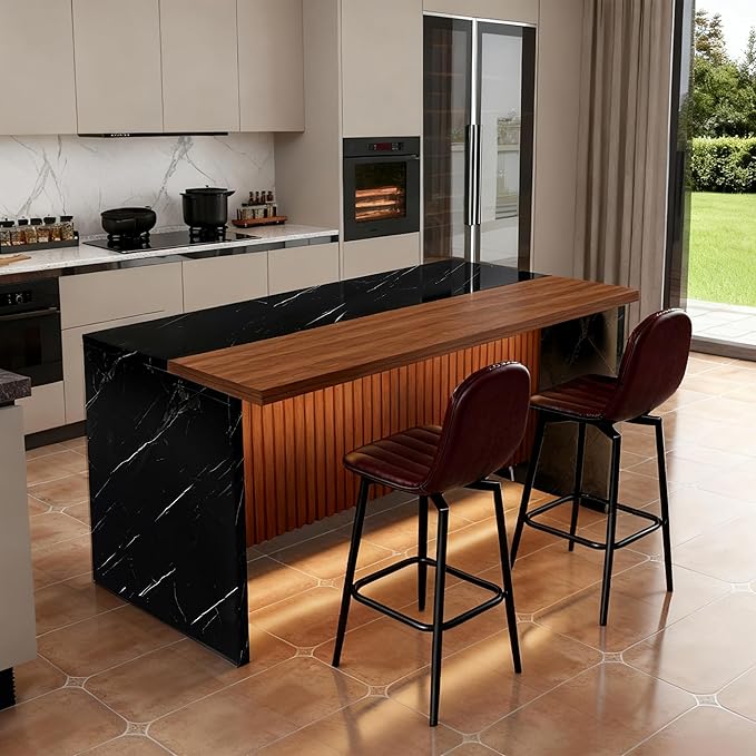 Montary 63-inch Modern Kitchen Island and Dining Table Set with 2 Swivel Stools, Marble-Look Countertop with LED Lights and Metal Grille Design, for Kitchen, Living Room,Black & Brown