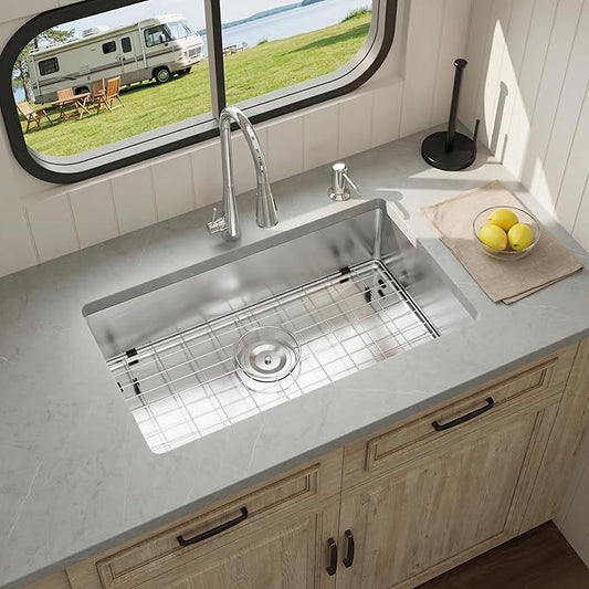 Kitsitchen RV Ktichen Sink, 27" x 16" x 7" Stainless Steel Undermount Kitchen Sinks with Sink Drain Strainer & Bottom Gird, Single Bowl Kitchen Sink Used At RV, Outdoor,Bathroom,Camper