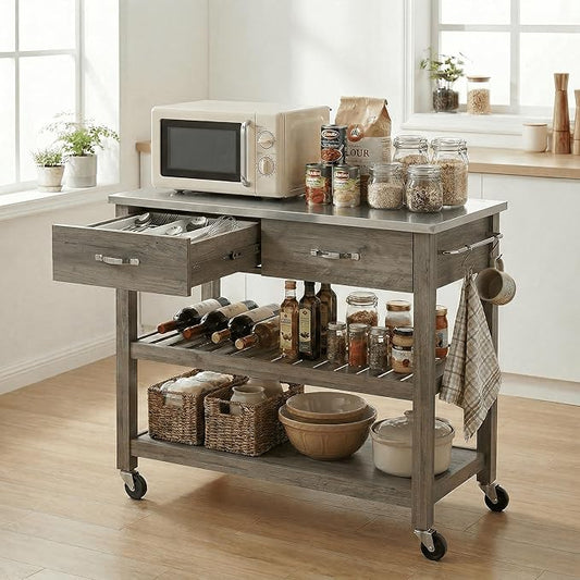 Casaphoria Amanda Collection Solid Wood Kitchen Island, 42" Butcher Block Cart with Stainless Steel Top & Locable Wheels, Prep Table for Small Spaces (Weathered Gray)