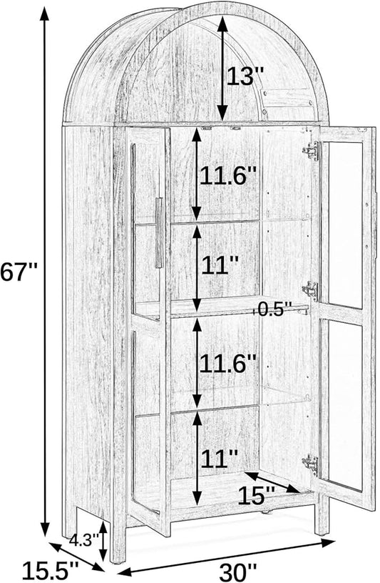 Ball & Cast 67" Tall Arched Kitchen Pantry Cabinet with Lamp, Modern Wooden Storage Cabinet with Glass Doors & Adjustable Shelves,Versatile Display Cabinet for Kitchen, Living Room,Dining Room,Brown