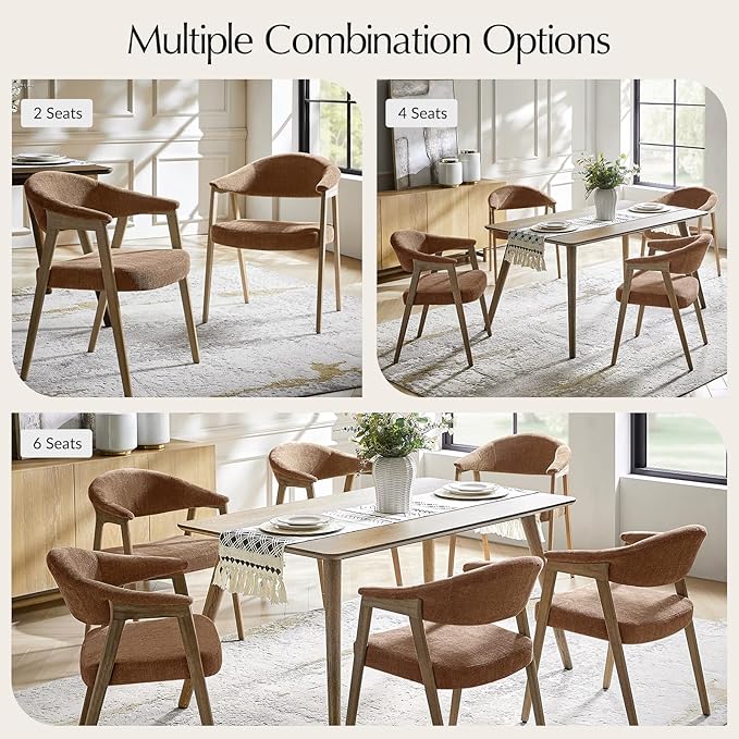 HULALA HOME Dining Chairs Set of 6, Mid-Century Modern Upholstered Dining Room Chair with Armrest, Curved Backtrst & Solid Wood Legs, Kitchen Side Chairs for Resurant, Living Room - Rust