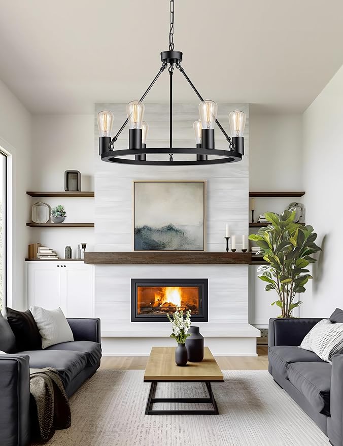 L LOHAS LED Black Farmhouse Chandeliers for Dining Room, 6-Light Wagon Wheel Chandelier Over Table, Height Adjustable, 19" Dining Room Light Fixtures, Modern Chandelier for Kitchen Island Living Room