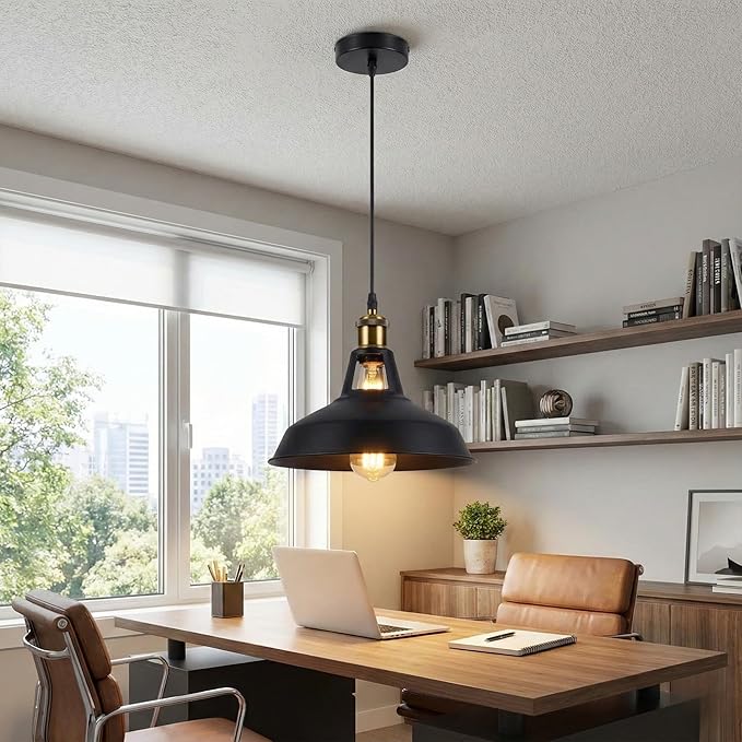 Black Industrial Farmhouse Pendant Light 1m Adjustable Cord, Vintage Barn Metal Hanging Lamp Fixture, Rustic Retro Ceiling Lighting for Kitchen Island Dining Bar Loft E26 (Black)
