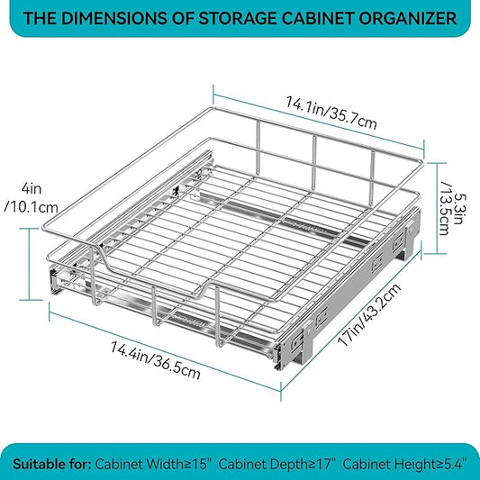 Pull Out Cabinet Organizer 15" W X 22" D, Slide Out Drawers For Kitchen Organizers and Storage, Pull Out Drawers For Cabinets Capacity Heavy Duty Caddy, Cabinet Shelves Chrome-Plated, Bathroom Pantry