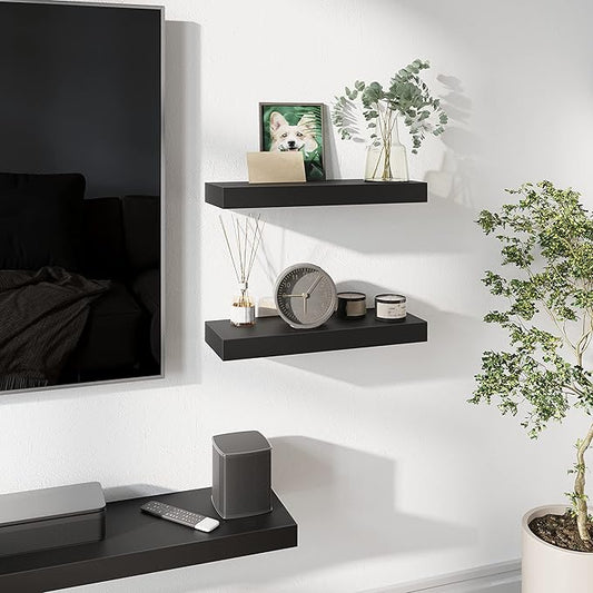BAMEOS Floating Shelves, Black Wall Mounted Wooden Shelves with Invisible Brackets Set of 2, Hanging Wall Shelves Decoration for Bedroom, Bathroom, Living Room and Kitchen