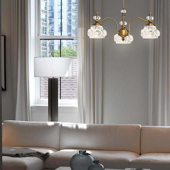 Montex Brass Pendant Light,Gold Vintage Chandelier Light Fixture 3 Lights,Include 4 Light Bulbs Glass Pendant Light Crystal Hanging Light