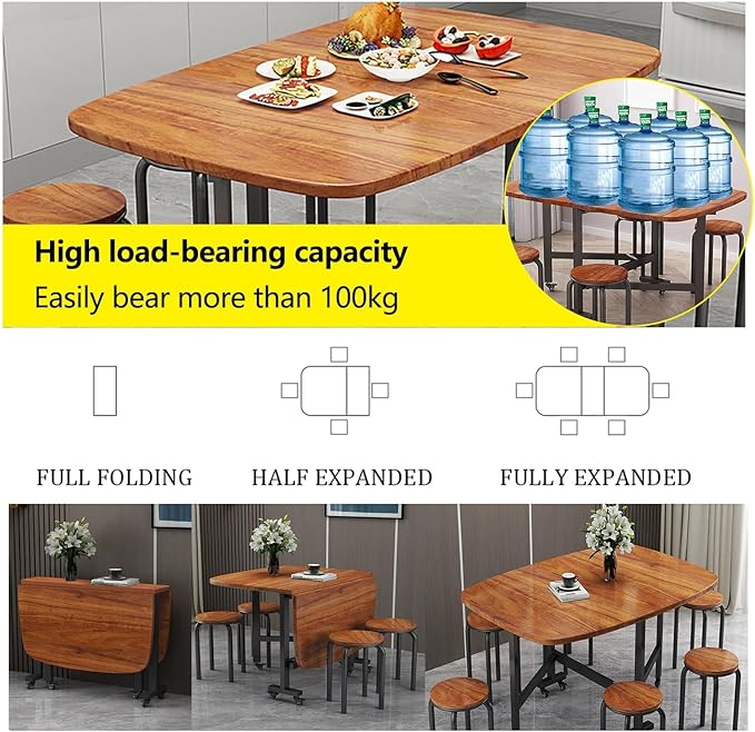 Multifunction Table Drop Leaf Dining Table 47.2×27.6/31.5×29.5in Wooden Foldable Kitchen Table with 6 Wheels (Brown) Folding Kitchen Table with Solid Wood Legs, Farmhouse Extendable Table for 8 People