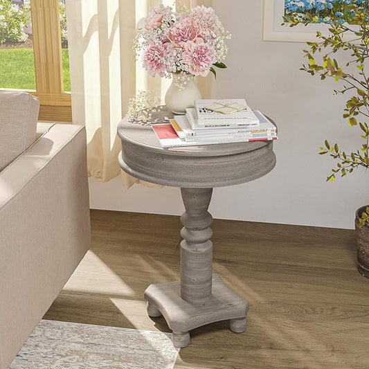 SUNBURY Round Side Table, Small Drink Table for Small Spaces, Modern Accent Nightstand with MDF Wood Leg for Living Room, Bedroom, Office, and Corners (Grey)