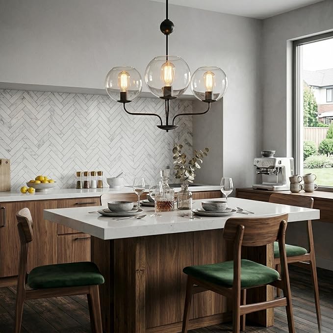 Classic 3-Light Black Chandelier with Upward U-Shaped Arms, Modern Vintage Pendant Lighting with Clear Glass Globes, Ceiling Light Fixture for Dining Room, Living Room, Hallway