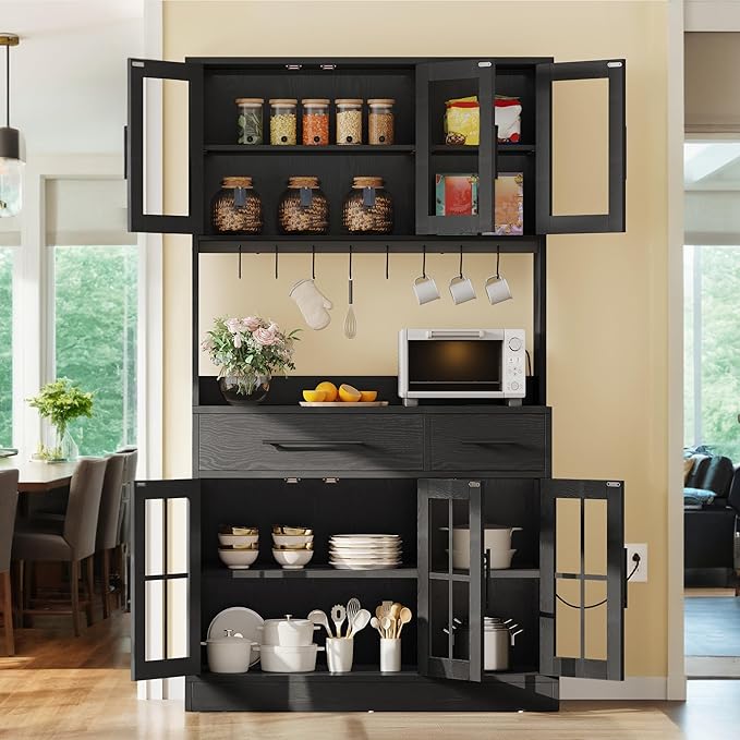 DWVO 2-Pack Kitchen Pantry Storage Cabinet Set, 71'' Tall Coffee Bar Cabinets with Microwave Stand and Power Outlet, Glass Door Kitchen Hutch with Drawers & Shelves for Home Living Dining Room, Black