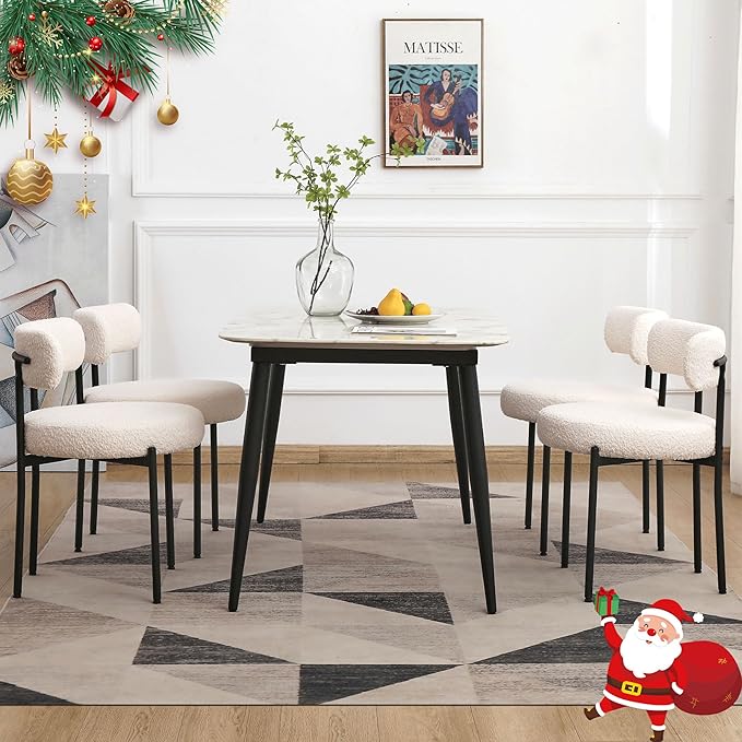 EDWELL White Dining Chairs Set of 4, Modern Dining Room Chairs with 3.94“ Cushions and Metal Legs, Round Upholstered Kitchen Dining Chairs, Ergonomic Backrest Boucle Chairs for Kitchen, Living Room