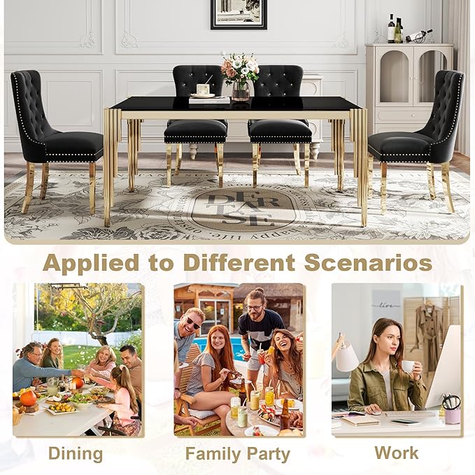 Modern Rectangle Glass Dining Table, 65" Black Tempered Glass Desktop with Gold Mirrored Stainless Steel Legs, Stylish Elegant for 6 People, for Kitchen, Living Room, Office