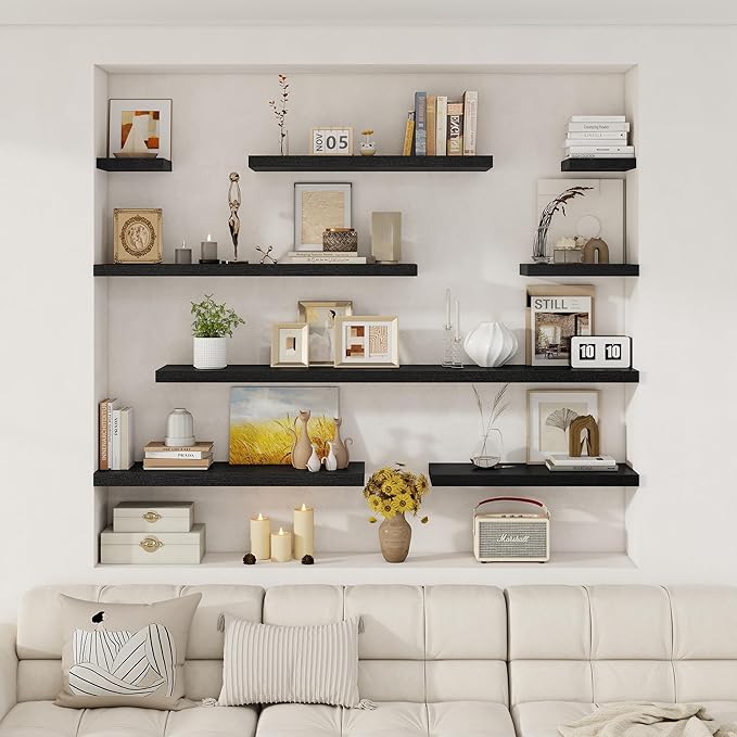 Fun Memories 24 x 12 Inch Deep Floating Shelves, 12 Inch Deep Rustic Wooden Book Shelf, Extra Deeper & Thicker Hanging Shelves for Living Room, Bathroom, Bedroom, Kitchen, Office, Set of 3 (Black)
