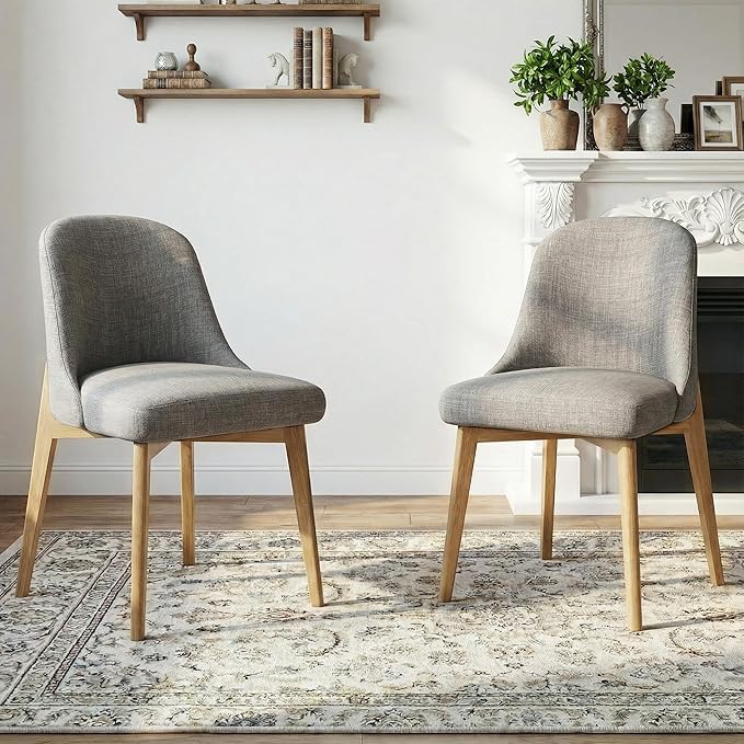 Casaphoria Set of 2 Upholstered Dining Chairs, Light Grey Fabric Kitchen Chairs with Oak Wood Legs, Modern Accent Chairs for Dining Room, Living Room or Kitchen