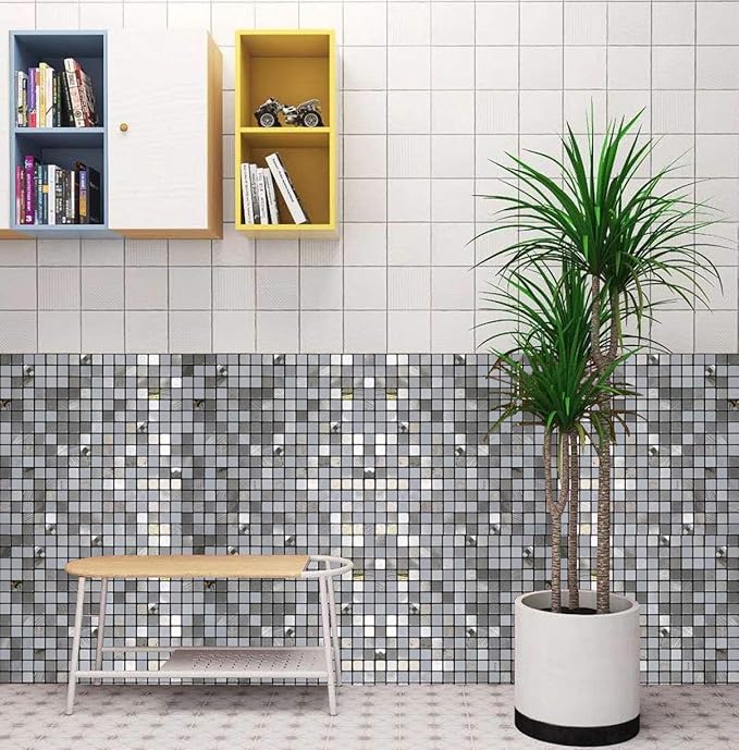 10 Sheets Self-Adhesive Aluminum Mosaic Peel and Stick Metal Tiles 3D Wall Sticker Panel Backsplash for Kitchen & Bathroom (12"x12" Bronze) (10 Silver White)