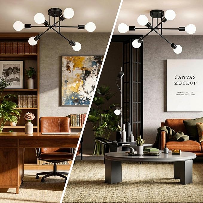 Black Sputnik Chandelier 6 Light, 22" Mid Century Modern Ceiling Light Fixture, Industrial Semi Flush Mount for Dining Room Bedroom Kitchen, E26 Base