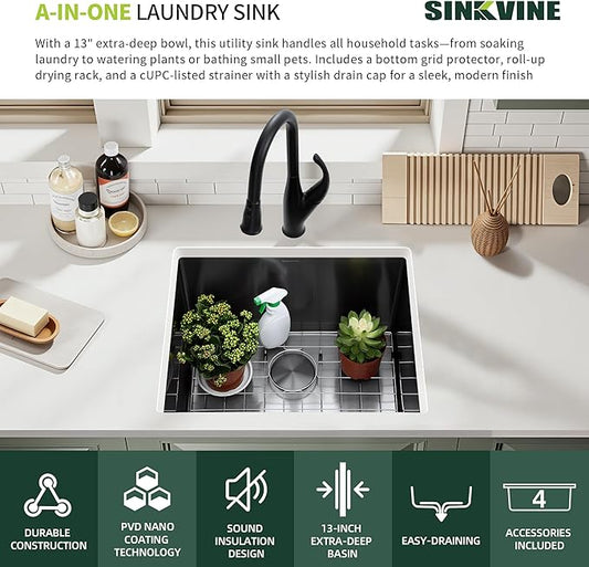 24-inch Undermount Laundry Utility Sink - 24x19x13 Extra Deep Black Stainless Steel Single Bowl Basin with Drain Strainer, Bottom Grid & Drying Unit for Laundry Room, Outdoor, Kitchen Use