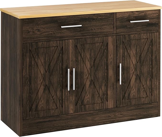 Shintenchi 3 Doors Farmhouse Sideboard Buffet Cabinet,42" Barn Doors Buffet with Storage,Wood Coffee Bar Cabinet with Adjustable Shelf for Kitchen,Living Room,Brown