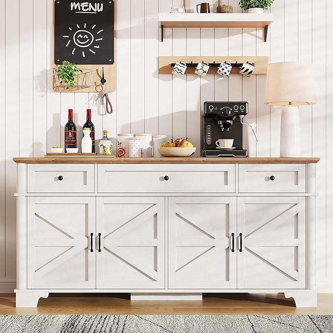 BestHaped 65 Inch Farmhouse Buffet Cabinet with Storage, White Sideboard Buffet Cabinet with Adjustable Shelves & 3 Drawers, Buffet Table Coffee Bar Wine Bar Storage for Kitchen & Living Room