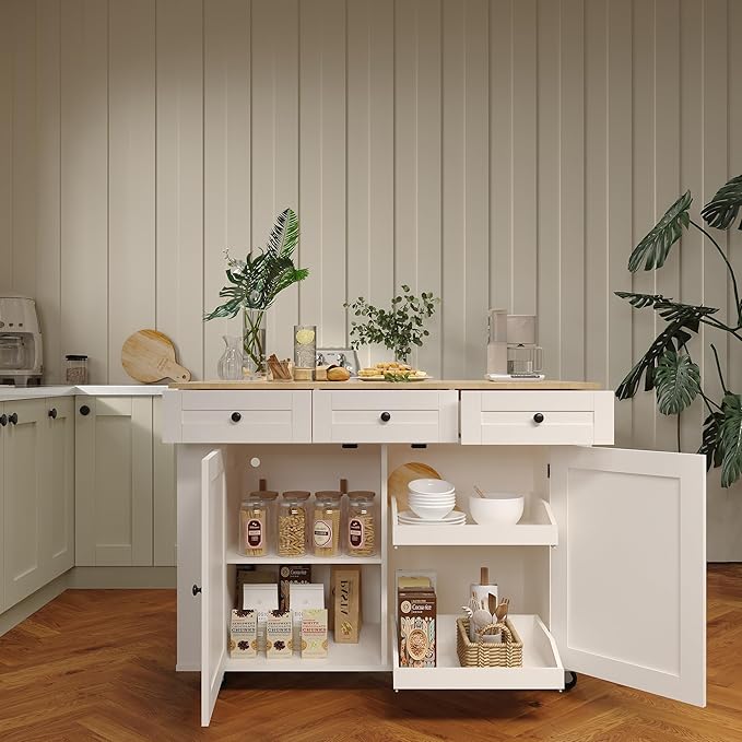 GarveeHome Rolling Kitchen Island with Drop Leaf Countertop, Charging Station & Ample Storage - 47.2 in Mobile Kitchen Cart On Wheels with Pull-Out Shelves, Drawers, Spice Rack & Organizer Divider