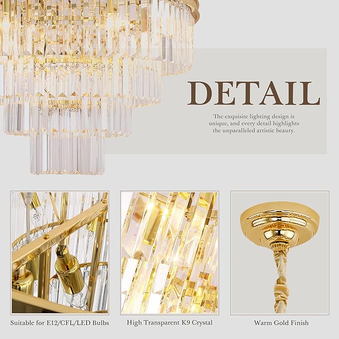 Gold Plated Crystal Modern Contemporary Chandeliers Pendant Ceiling Light 4-Tier Chandelier Lighting for Dining Room Living Room Bedroom Girls Room Dia 18"