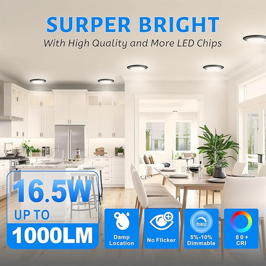 ECOELER 6 Inch Dimmable LED Disk Lights, Black Flush Mount Ceiling Downlight, 16.5W 1000Lm, 5000K Daylight, Surface Mount LED Ceiling Light for Home Improved, ETL Listed
