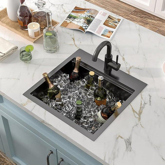 18"x18" Drop In Bar Prep Sink Workstation – Gunmetal Black NANO-PVD, 16 Gauge 304 Stainless Steel, Single Bowl Top Mount Wet Bar RV Outdoor Kitchen Sink with Faucet