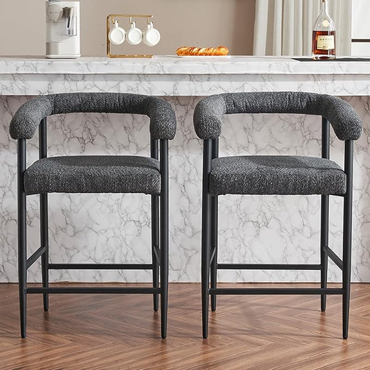 Modern Upholstered Bar Stools Set of 2, Boucle Fabric Counter Height Chairs with Metal e Armrests, Kitchen Island Bar Chairs for Home, Dining Room, Cafe,Dark Grey