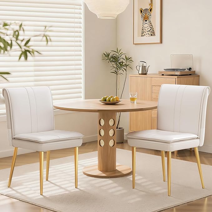 VECELO Upholstered PU Dining Chairs Set of 6, Kitchen Chairs with Padded Seat for Living Room, Dining Room, High Back and Steel Legs, Easy Assembly, White