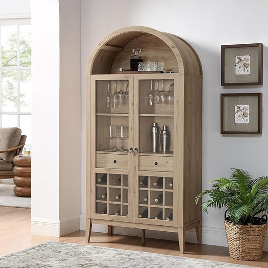 Modway Nolan Modern Farmhouse Arched Bar Cabinet in Light Oak Wood Grain - 72 Inch Tall Wine Storage Cabinet with Glass Doors and Wine Rack - Large Liquor Cabinet for Dining or Living Room