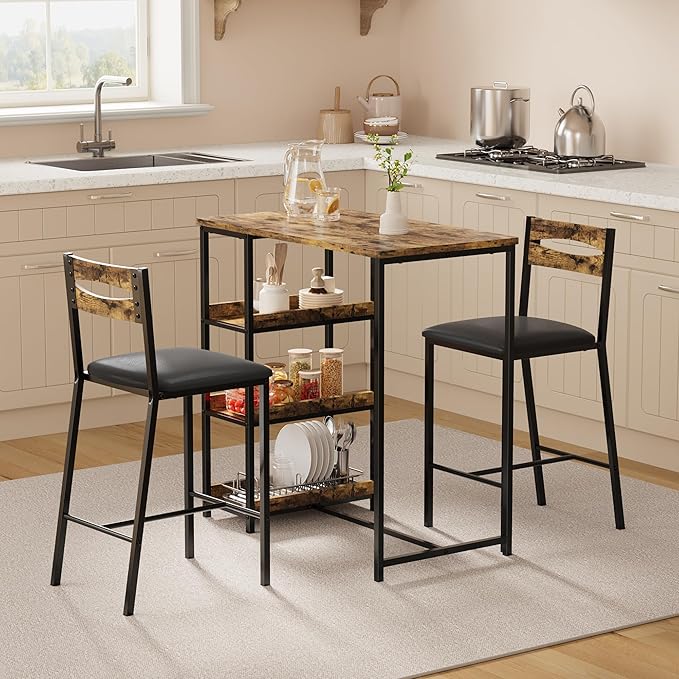 IDEALHOUSE 36" Counter Height Dining Table Set for 2 with Upholstered Bar Chairs and Storage Shelves, Space-Saving Kitchen Table for Small Space, Apartment, Studio, Rustic Brown