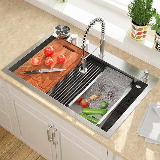 Lordear 33 Drop In Kitchen Sink with Faucet 33x22 Inch Waterfall Kitchen Sinks Topmount Stainless Steel 16 Gauge Single Bowl Workstation Kitchen Sink with Two Multifunctional Switch Knob