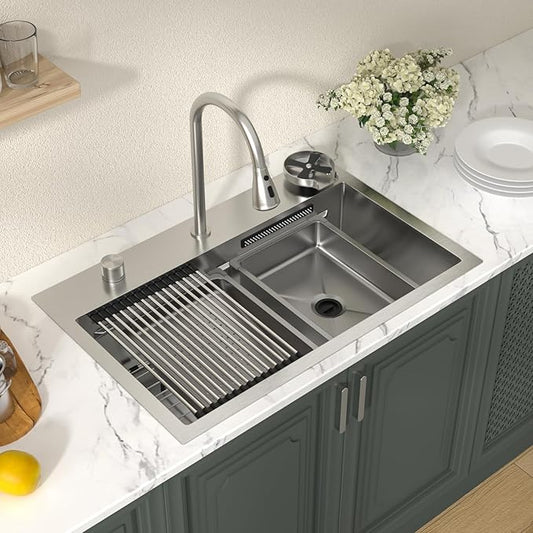 Lordear 31 Drop Kitchen Sink with Faucet Combo 31"x20" Waterfall Kitchen Sink Workstation Stainless Steel 16 Gauge Single Bowl Topmount Handmade Sinks with Pull Out Faucet