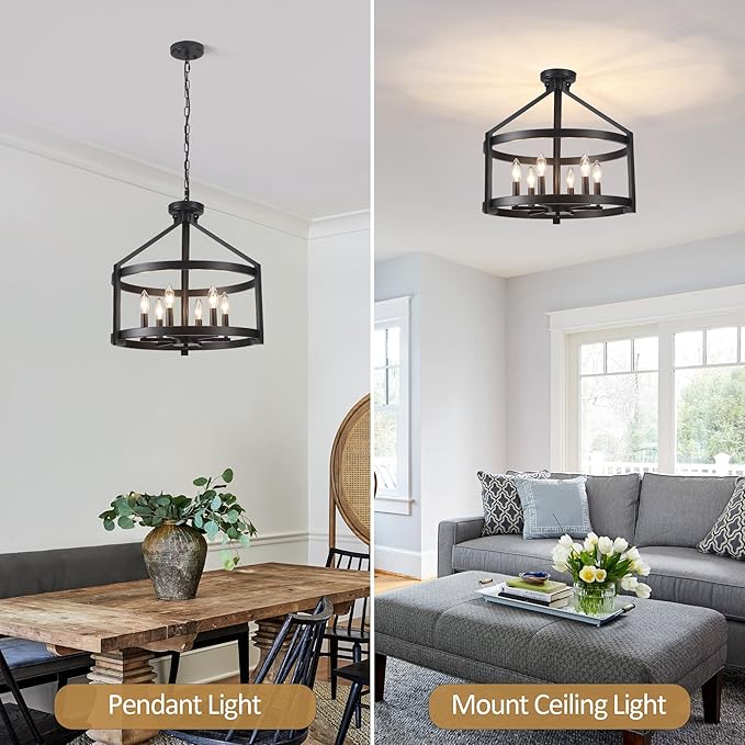 6-Light Large Farmhouse Black Chandelier, 20" Modern Hanging Pendant Lighting, Convertible Semi Flush Mount Ceiling Light Fixture Rustic Vintage Chandeliers for Dining Room Foyer Kitchen Entryway