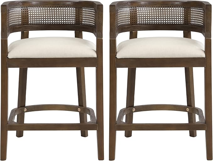 Set of 2 Upholstered Arm Counter Stools with Solid Rubberwood Frame & Natural Rattan Caned Back,Soft Padded Seating,Transitional Farmhouse Chairs for Kitchen Island Dining Room,25.5" H Walnut