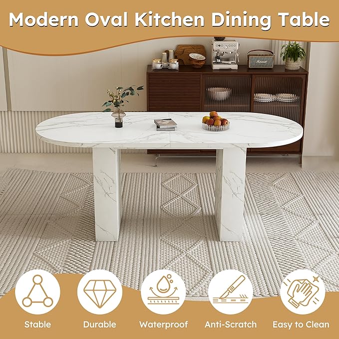 Modern Dining Table for Kitchen Space Saving Kitchen & Dining Room Furniture with Sturdy Frame Construction Easy Assembly 62.9 Inch Oval Farmhouse Table,White-MDF