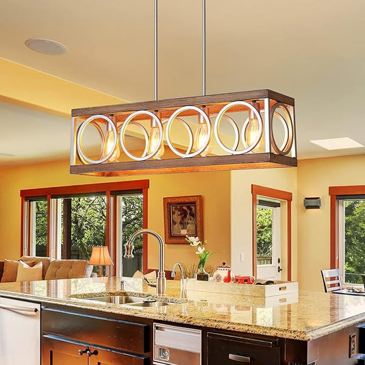 XINGQI 31.5" Farmhouse Dining Room Chandeliers, Large Rectangle Vintage Hanging 4-Light Kitchen Island Lighting,Fixture Rustic Metal Pendant Light, Antique Wood Grain