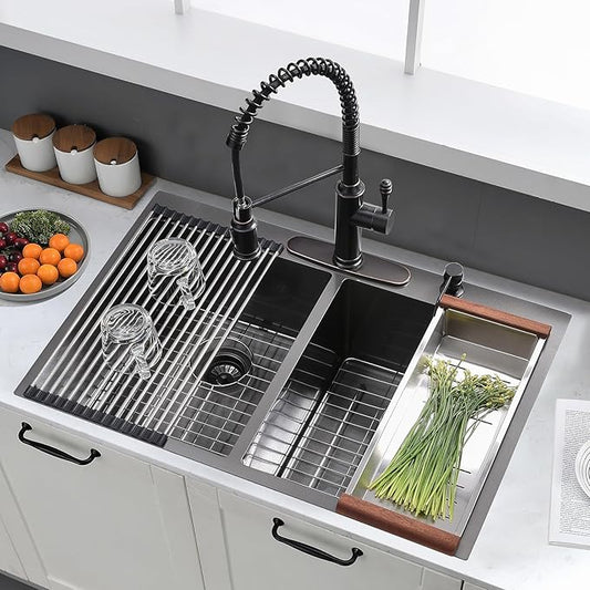 33x22 Inch Black Double Bowl Kitchen Sink Drop In - 16 Gauge Stainless Steel 50/50 Split, Top Mount Drop In Kitchen Sink Double Bowl