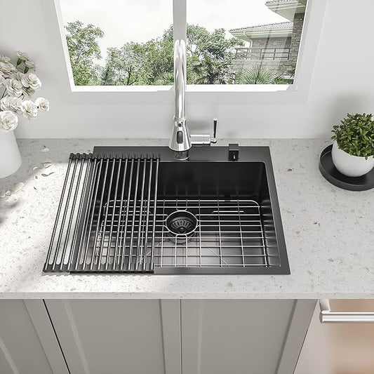 25 Black Drop In Kitchen Sink - Beslend 25”x22”x10” Stainless Steel Gunmetal Black Topmount 16 Gauge 10 Inch Deep Single Bowl Kitchen Sink